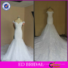 ED Beautiful Off Shoulder Pearl Bordado Long Train Real Sample Wedding Dress